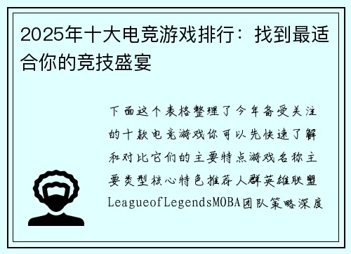 2025年十大电竞游戏排行：找到最适合你的竞技盛宴